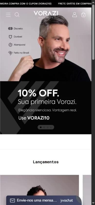 Site de Vorazi na tela de um celular